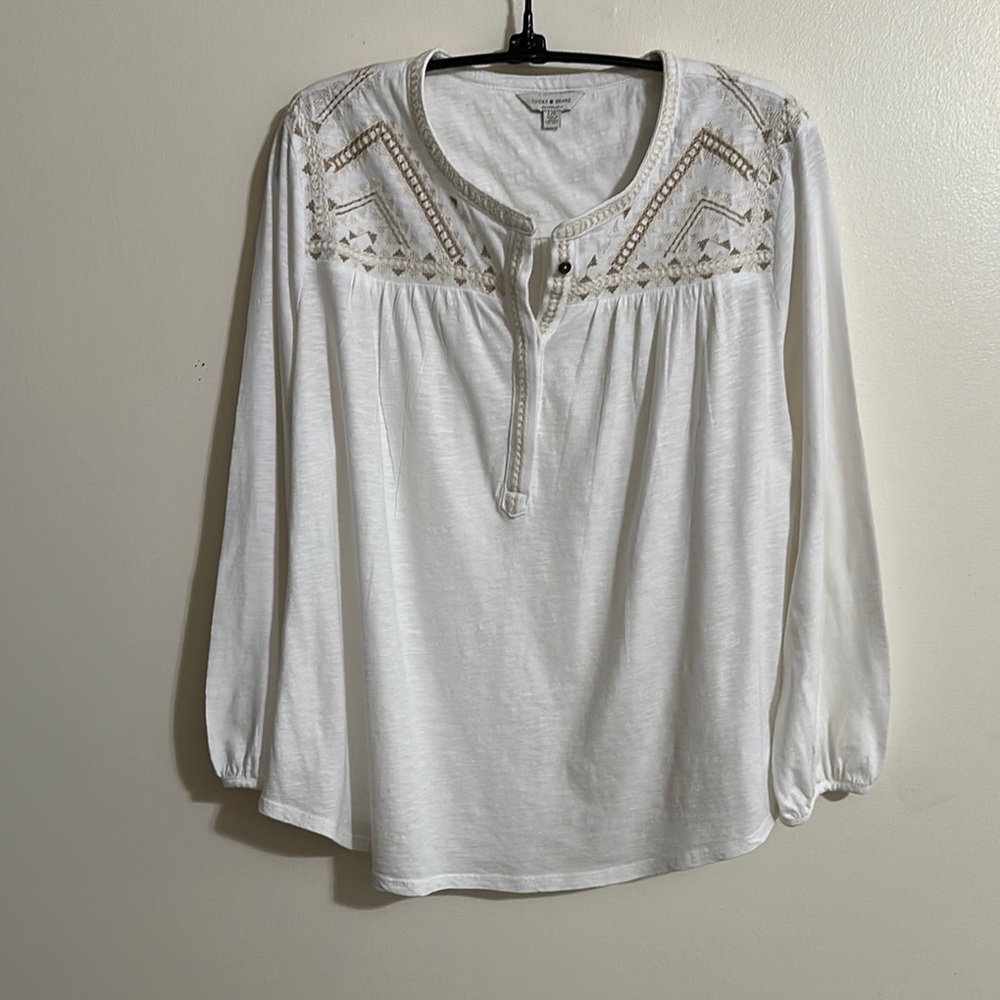 Lucky Brand Cream Relaxed Tunic with Embellished Yoke